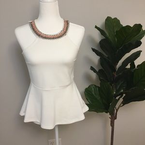 White Peplum Top Jewel Neckline